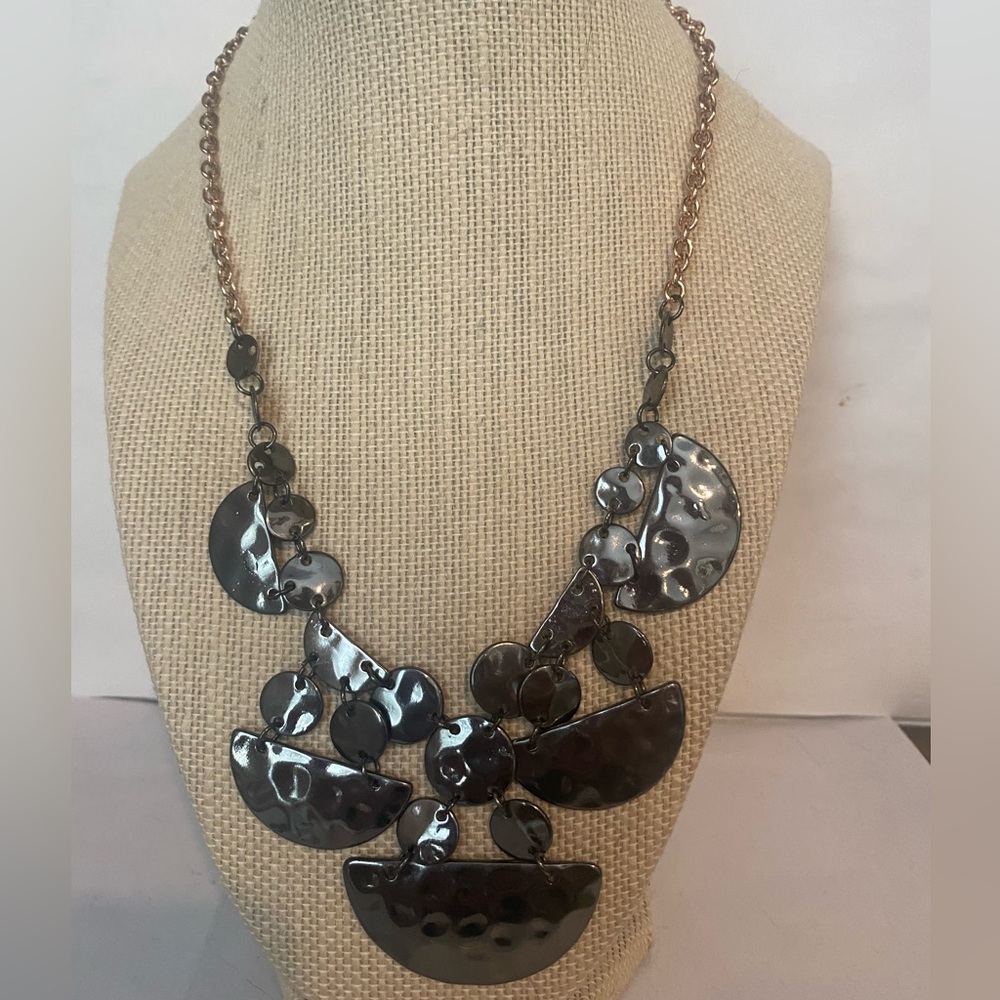 Anthropologie hammered coin high polish bib Statement Necklace o rose gold chain